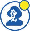 Logo ZSP1 w Leżajsku - Portret Mikołaja Kopernika w niebieskim okręgu i na okręgu żółte koło